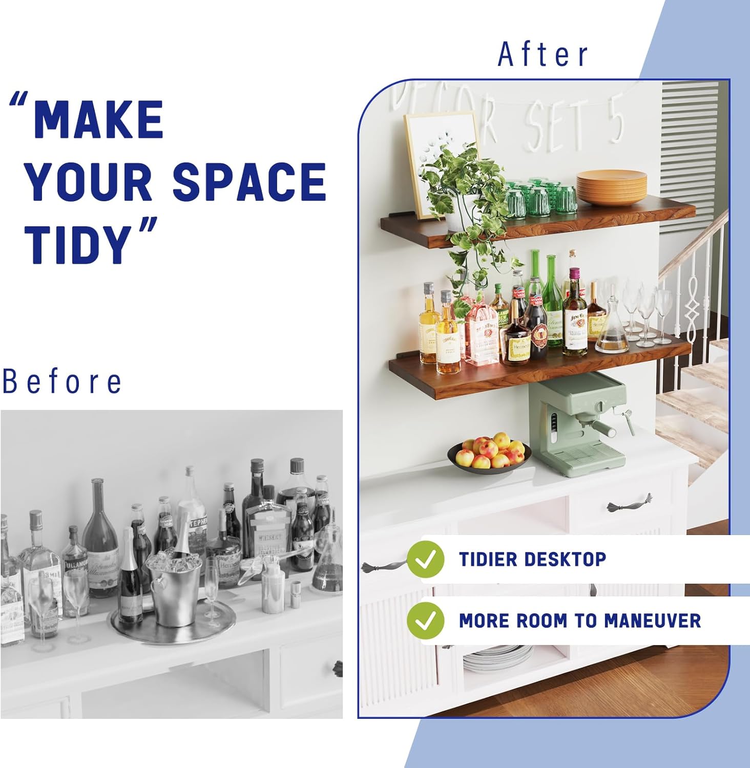 Goovilla Shelf Bracket, Heavy Duty Floating Shelf Brackets 8 inch Long, 4 Pack Brackets for Shelves, Black Coated Metal Wall Shelf Support Brackets with 1/5 Inch Thick and 160 lb. Load Capacity